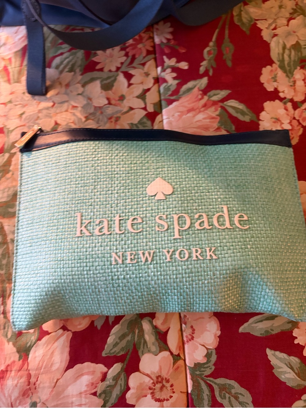 kate spade mint woven cosmetic pouch with navy trim
